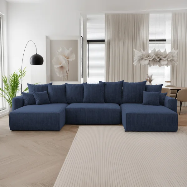 Divano letto panoramico 350x160cm velluto a coste con libreria a destra blu Mistery
