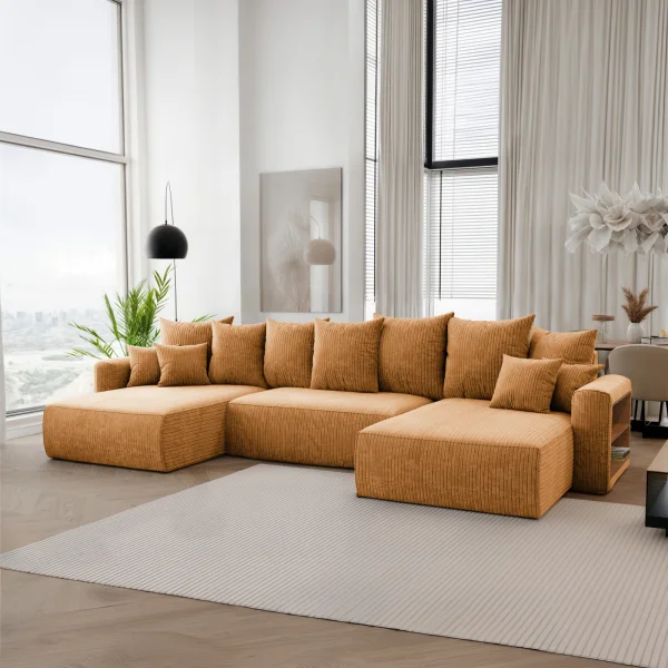 Divano letto panoramico 350x160cm velluto a coste con libreria a destra giallo senape Mistery