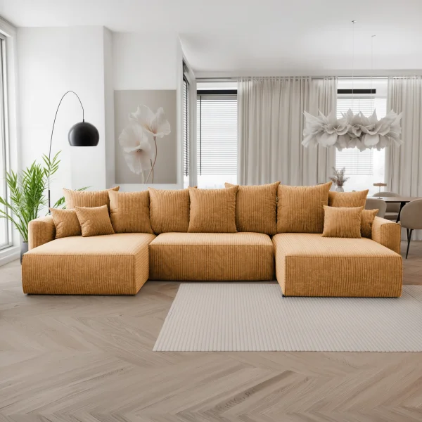 Divano letto panoramico 350x160cm velluto a coste con libreria a destra giallo senape Mistery