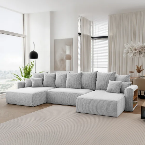 Divano letto panoramico 350x160cm velluto a coste con libreria a destra grigio chiaro Mistery