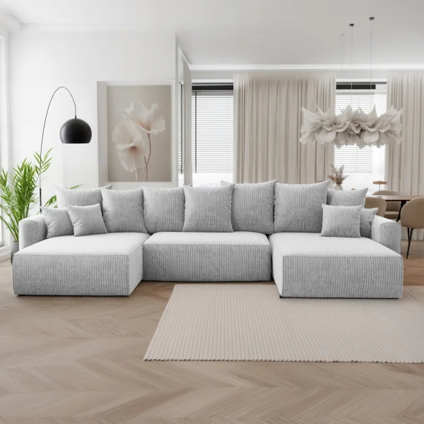 Divano letto panoramico 350x160cm velluto a coste con libreria a destra grigio chiaro Mistery
