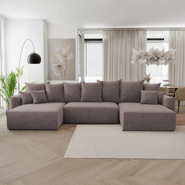 Divano letto panoramico 350x160cm velluto a coste con libreria a destra marrone Mistery