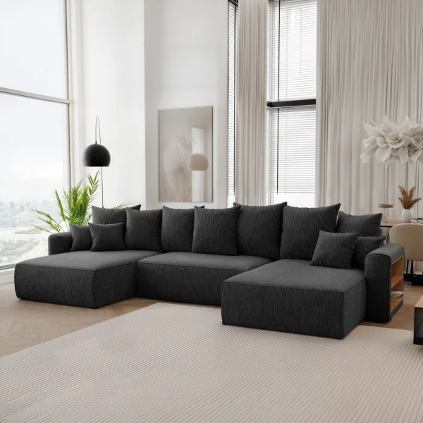 Divano letto panoramico 350x160cm velluto a coste con libreria a destra nero Mistery