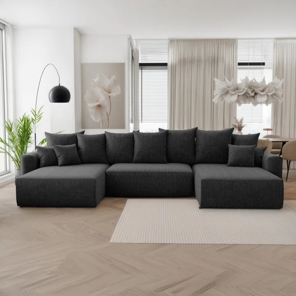 Divano letto panoramico 350x160cm velluto a coste con libreria a destra nero Mistery