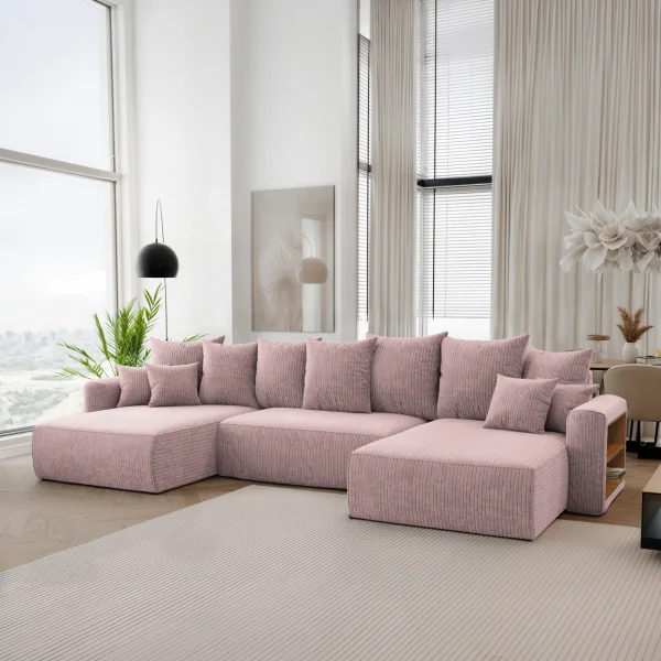 Divano letto panoramico 350x160cm velluto a coste con libreria a destra rosa antico Mistery