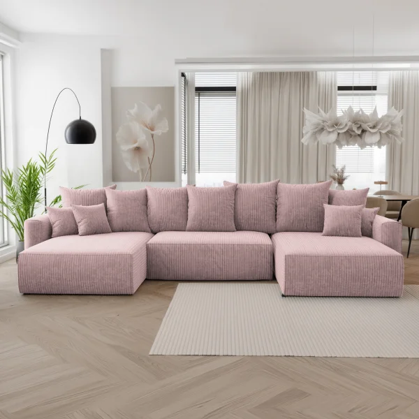 Divano letto panoramico 350x160cm velluto a coste con libreria a destra rosa antico Mistery