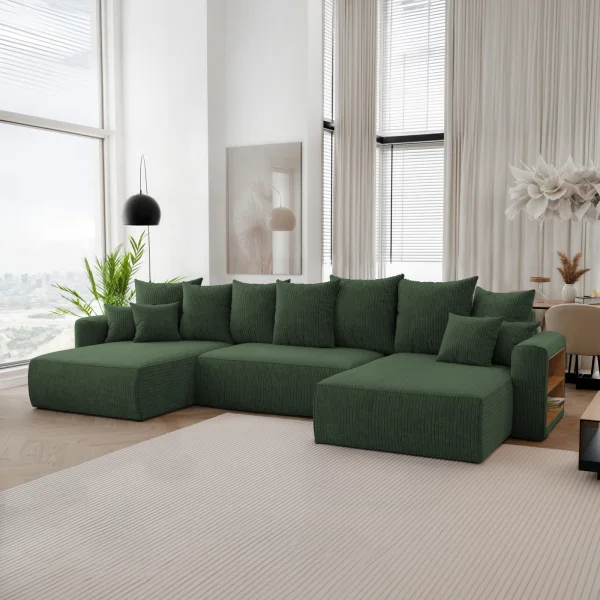 Divano letto panoramico 350x160cm velluto a coste con libreria a destra verde scuro Mistery