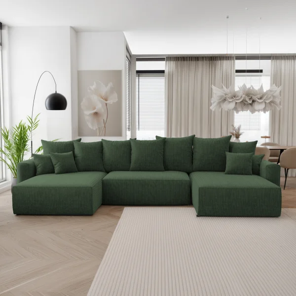 Divano letto panoramico 350x160cm velluto a coste con libreria a destra verde scuro Mistery