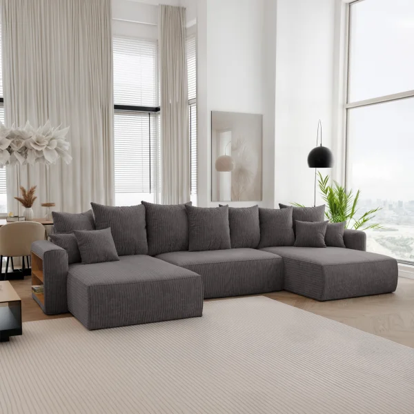 Divano letto panoramico 350x160cm velluto a coste con libreria a sinistra antracite Mistery