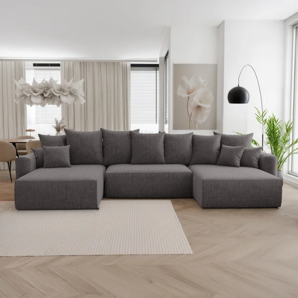 Divano letto panoramico 350x160cm velluto a coste con libreria a sinistra antracite Mistery