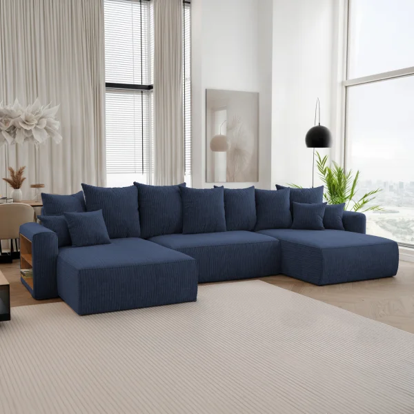Divano letto panoramico 350x160cm velluto a coste con libreria a sinistra blu Mistery