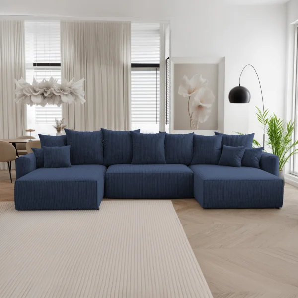 Divano letto panoramico 350x160cm velluto a coste con libreria a sinistra blu Mistery