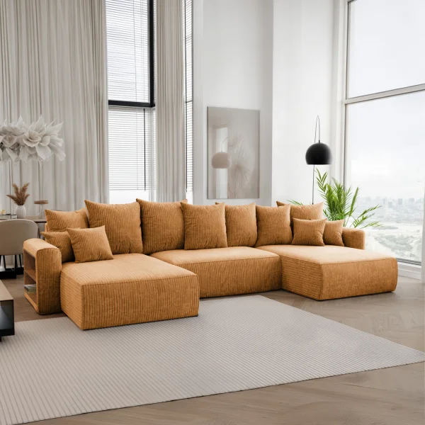 Divano letto panoramico 350x160cm velluto a coste con libreria a sinistra giallo senape Mistery