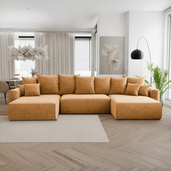 Divano letto panoramico 350x160cm velluto a coste con libreria a sinistra giallo senape Mistery