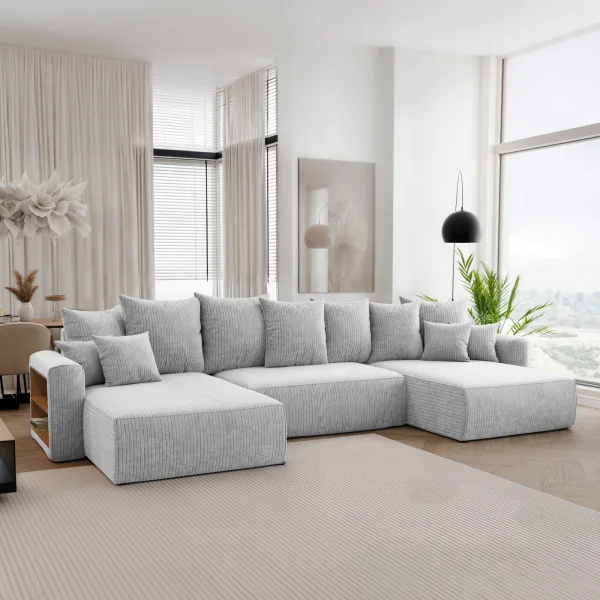 Divano letto panoramico 350x160cm velluto a coste con libreria a sinistra grigio chiaro Mistery
