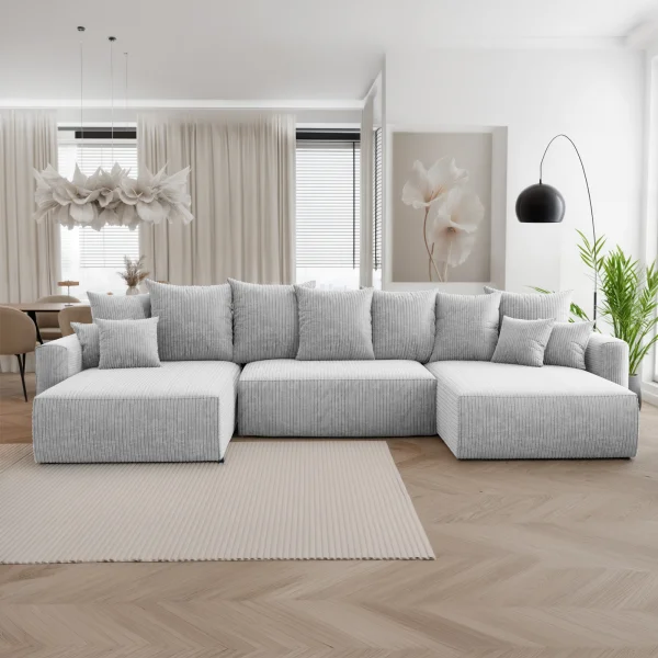Divano letto panoramico 350x160cm velluto a coste con libreria a sinistra grigio chiaro Mistery
