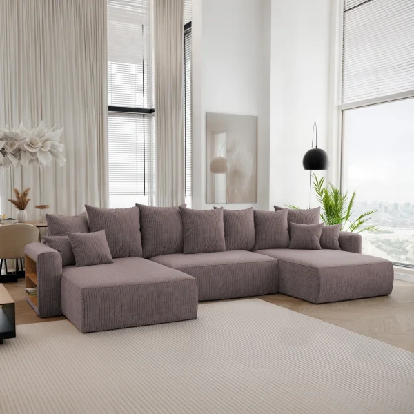 Divano letto panoramico 350x160cm velluto a coste con libreria a sinistra marrone Mistery