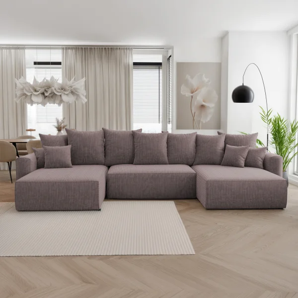 Divano letto panoramico 350x160cm velluto a coste con libreria a sinistra marrone Mistery