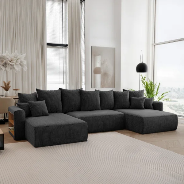 Divano letto panoramico 350x160cm velluto a coste con libreria a sinistra nero Mistery