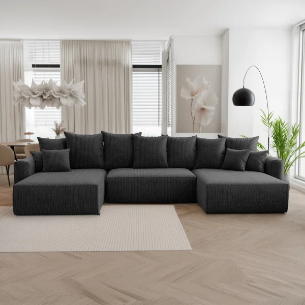 Divano letto panoramico 350x160cm velluto a coste con libreria a sinistra nero Mistery