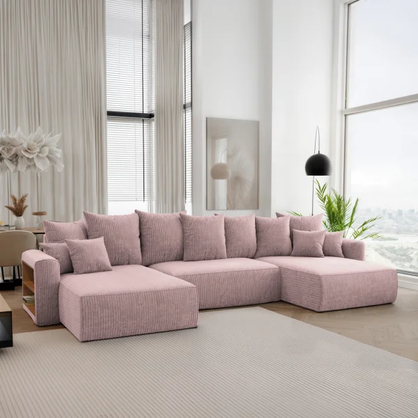 Divano letto panoramico 350x160cm velluto a coste con libreria a sinistra rosa antico Mistery