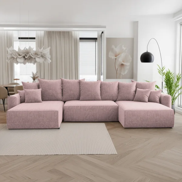 Divano letto panoramico 350x160cm velluto a coste con libreria a sinistra rosa antico Mistery