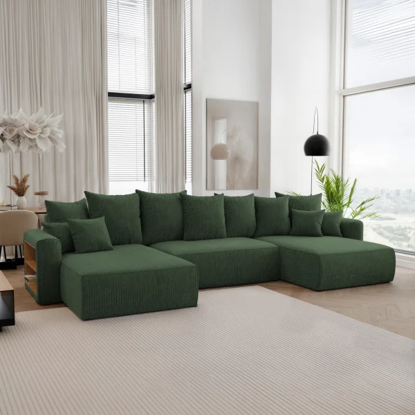 Divano letto panoramico 350x160cm velluto a coste con libreria a sinistra verde scuro Mistery