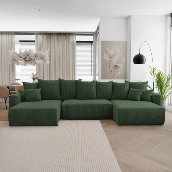Divano letto panoramico 350x160cm velluto a coste con libreria a sinistra verde scuro Mistery