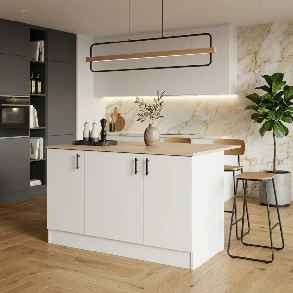 Isola da cucina centrale 138x90h cm 3 ante bianco lucido con piano rovere Kimera