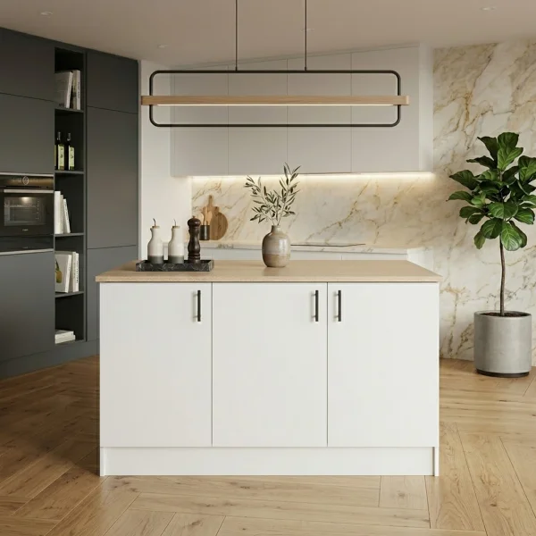 Isola da cucina centrale 138x90h cm 3 ante bianco lucido con piano rovere Kimera