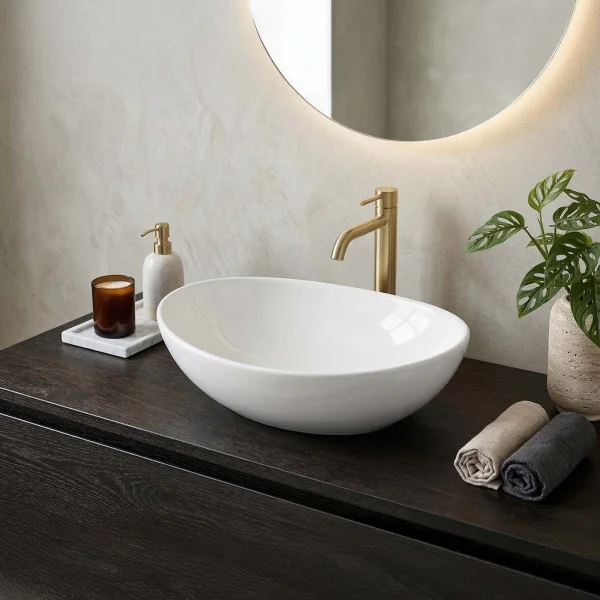 Lavabo bagno da appoggio 41x34cm in ceramica bianco lucido Ondea