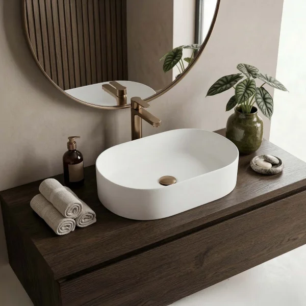 Lavabo bagno da appoggio 55x34cm a bacinella in ceramica bianco opaco Opalia