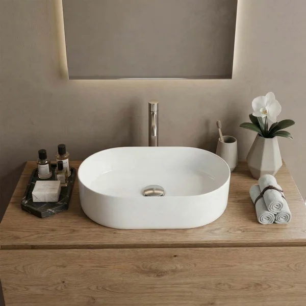 Lavabo bagno da appoggio 56x35cm a bacinella in ceramica bianco lucido Goccia