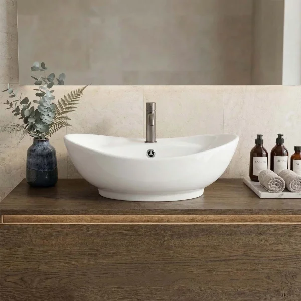 Lavabo bagno da appoggio ovale 59x40cm in ceramica bianco lucido Aqualis