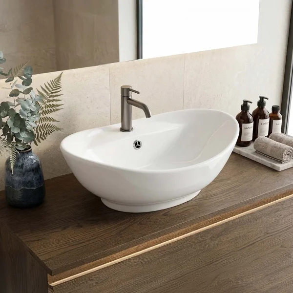 Lavabo bagno da appoggio ovale 59x40cm in ceramica bianco lucido Aqualis