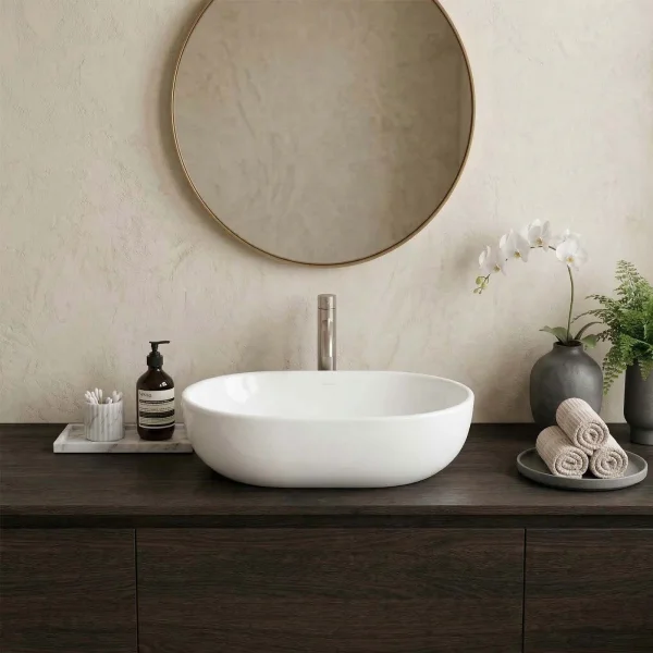 Lavabo bagno da appoggio ovale 60x41cm in ceramica bianco lucido Aqualite