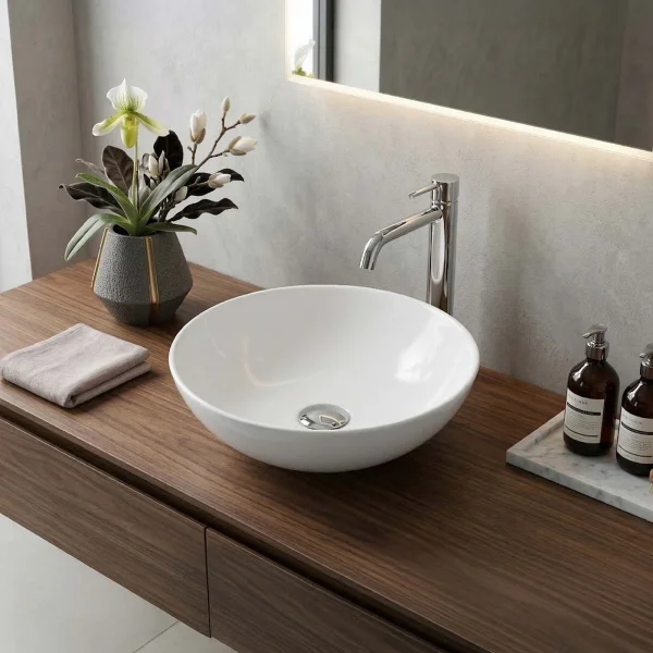 Lavabo bagno da appoggio tondo Ø42cm in ceramica bianco lucido Mira