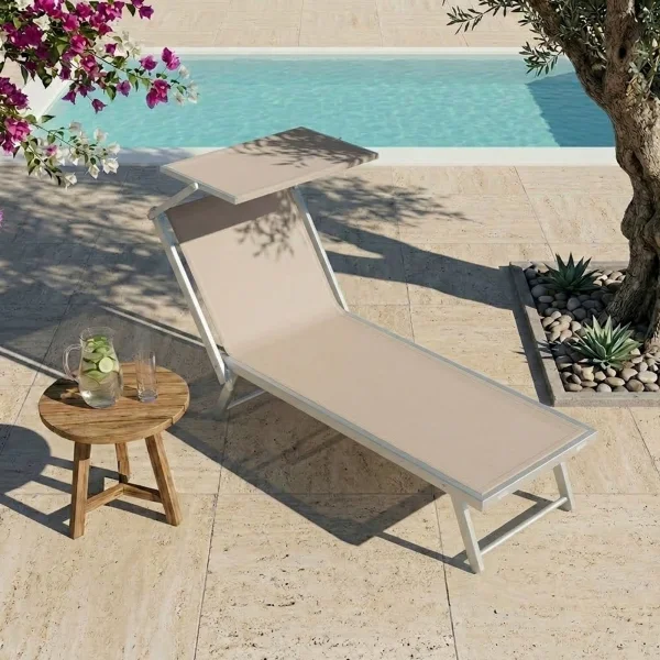 Lettino prendisole reclinabile in alluminio e textilene beige con tettuccio Apollo