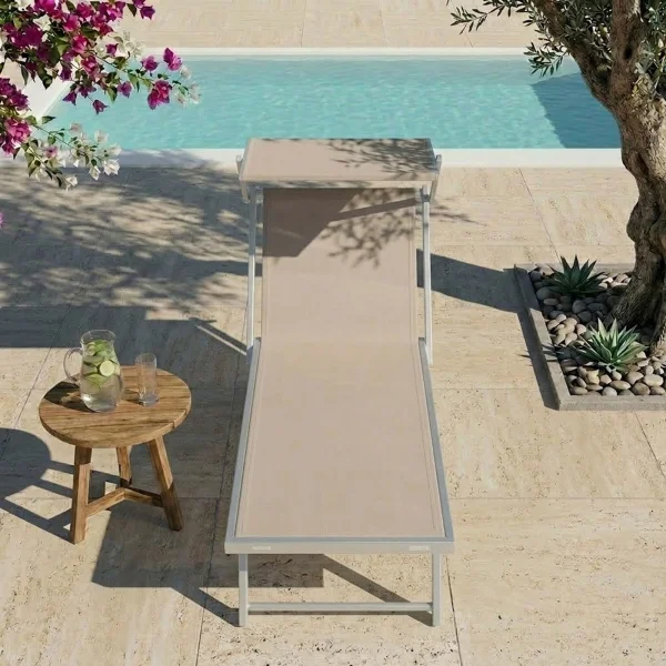 Lettino prendisole reclinabile in alluminio e textilene beige con tettuccio Apollo