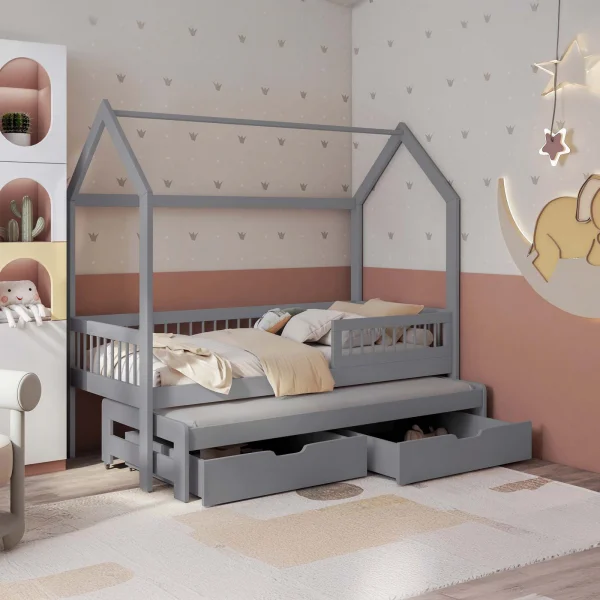 Letto bambini Montessori a casetta 90x200cm con letto estraibile e cassettoni grigio Homy