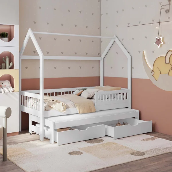 Letto bambini Montessori a casetta 90x200cm con letto estraibile e cassettoni bianco opaco Homy