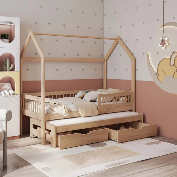 Letto bambini Montessori a casetta 90x200cm con letto estraibile e cassettoni rovere Homy