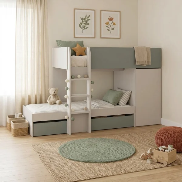 Letto a castello con armadio 255x111cm reversibile cashmere verde eucalipto Nuvolì