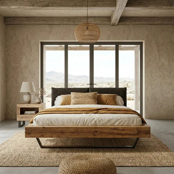 Letto alla francese 140x200cm testiera imbottita gambe in metallo legno massello rovere antracite Venalia