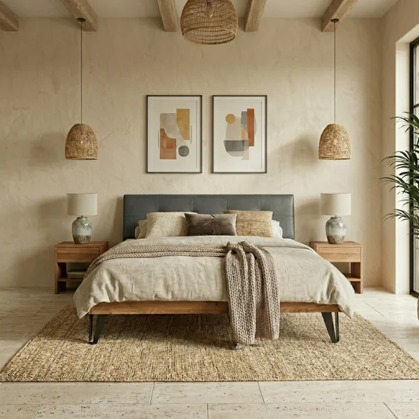Letto alla francese 140x200cm testiera imbottita piedi in metallo legno massello rovere antracite Cortelia