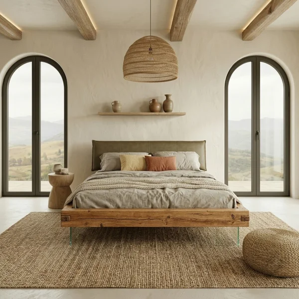 Letto alla francese 140x200cm testiera imbottita piedi in vetro legno massello rovere tortora Resilia