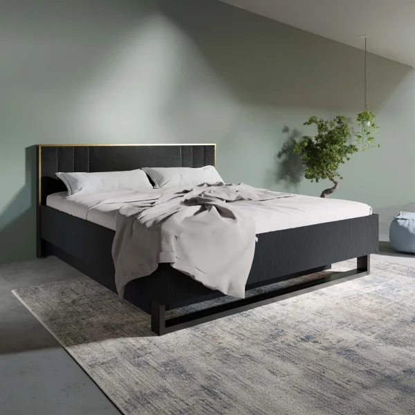 Letto matrimoniale 160x200 cm con testiera in tessuto morbido nero frassinato Innsbruck