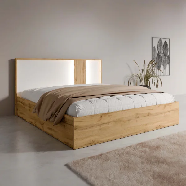 Letto matrimoniale 160x200 con box contenitore e rete a doghe quercia bianco lucido Larry