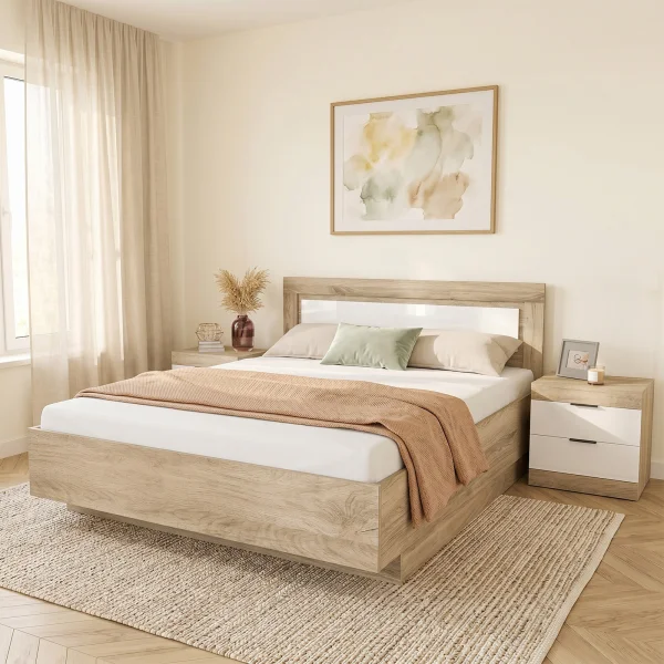Letto matrimoniale 160x200 contenitore con comodini bianco lucido rovere Panama