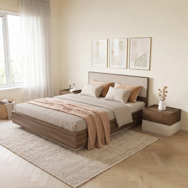 Letto matrimoniale 160x200cm contenitore con comodini tortora noce Raymonda